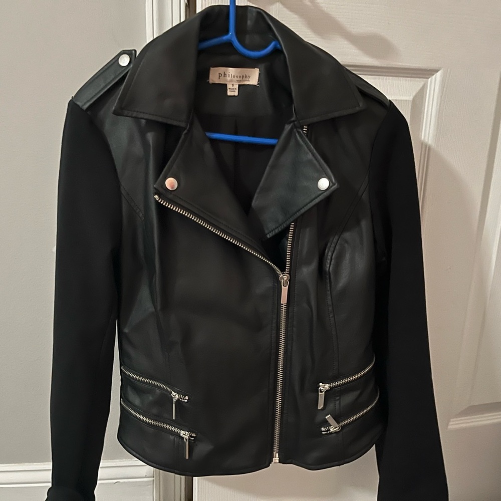 Philosophy black leather jacket. Arms are soft non-leather material.